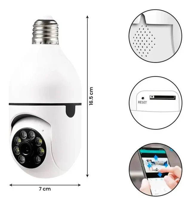 Cámara WiFi panorámica 360° con bombilla LED, micrófono y detección de movimiento, foto 3 de 7