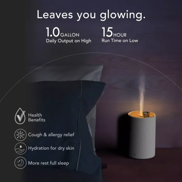 Humidificador ultrasónico pequeño Votiv 4, niebla fría, 0,31 galones capacidad, sin filtro, funcionamiento continuo 15 horas para espacios hasta 300 pies cuadrados, foto 3 de 6