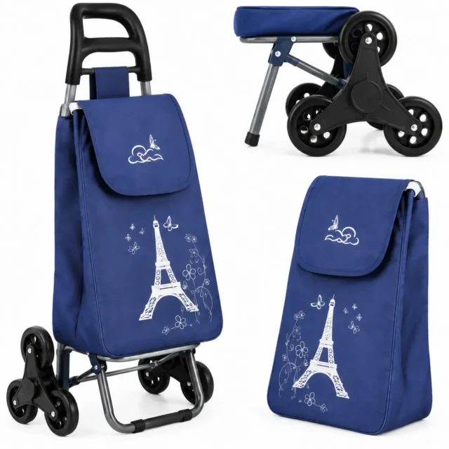 Bolsa de compras con carrito Reverse de tres ruedas, estructura plegable de aluminio, 40 litros, azul marino