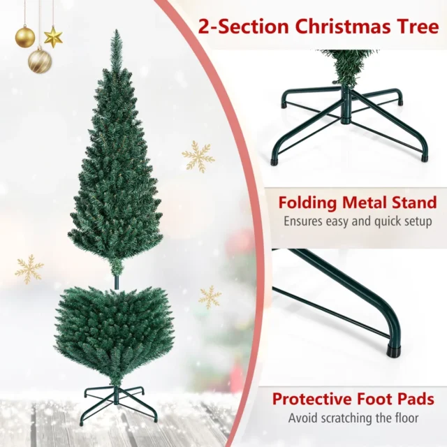 Árbol de Navidad artificial tipo lápiz 150 cm altura, base hierro, 220 ramas PVC verde, foto 4 de 5