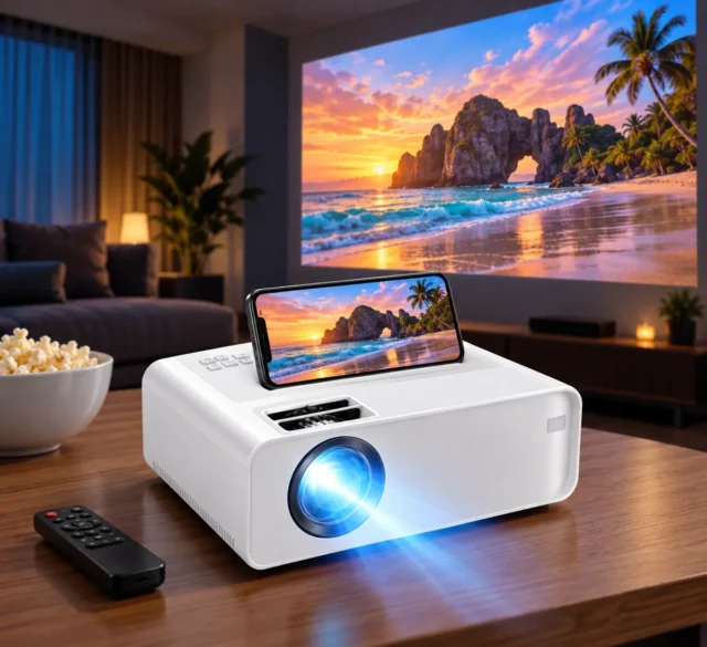 Mini proyector WiFi Full HD 1920x1080 con espejo de pantalla inalámbrico, compatible iOS Android Windows Chromecast, pantalla hasta 200 pulgadas y altavoces integrados, foto 1 de 4