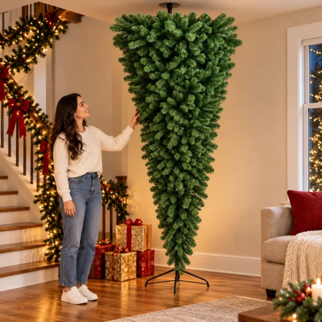 Árbol de Navidad Artificial Invertido 7 Pies 1000 Puntas Ramas Verdes PVC sin Luces Base Metal, foto 1 de 5