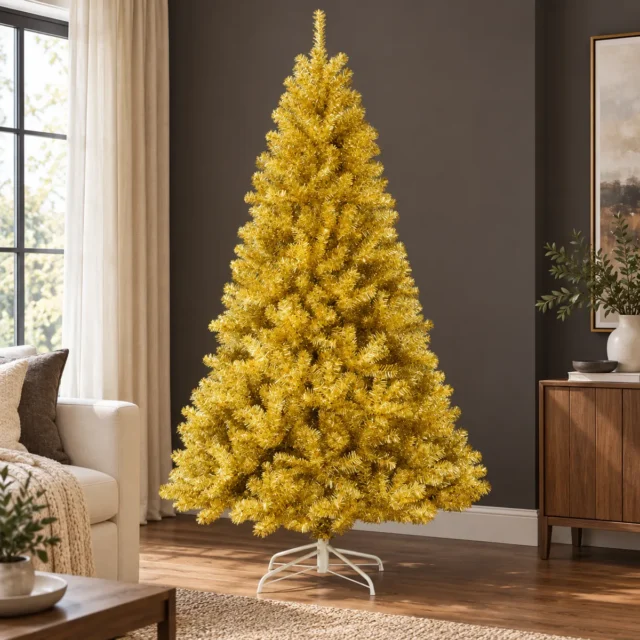 Árbol de Navidad artificial Costway de oropel dorado champán 225 cm con 1258 puntas, soporte metal resistente, PVC inodoro, armable en 3 secciones, foto 1 de 3