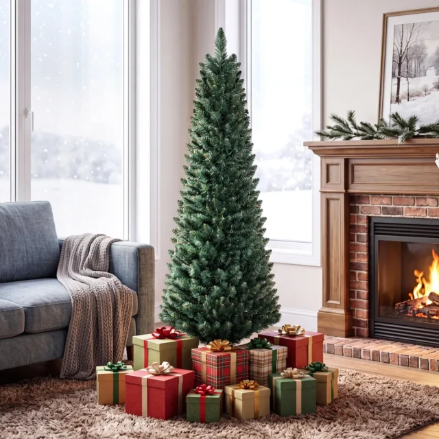 Árbol de Navidad artificial tipo lápiz 150 cm altura, base hierro, 220 ramas PVC verde, foto 1 de 5