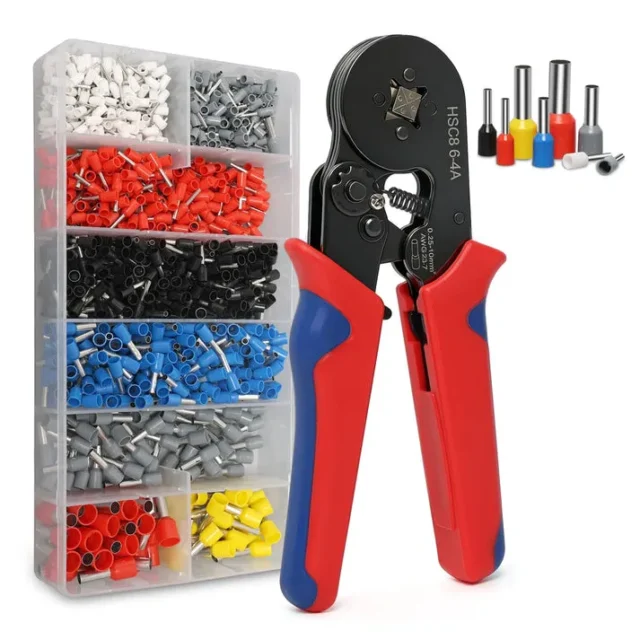 Crimpadora de cable con trinquete autoajustable, 1200 terminales y conectores variados, mango ergonómico antideslizante y organizador, para electricidad y bricolaje, foto 1 de 5