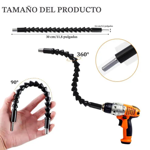 Kit de extensión flexible para taladro de 17 piezas con adaptadores giratorios y puntas en ángulo de 90° y 105°, foto 4 de 5