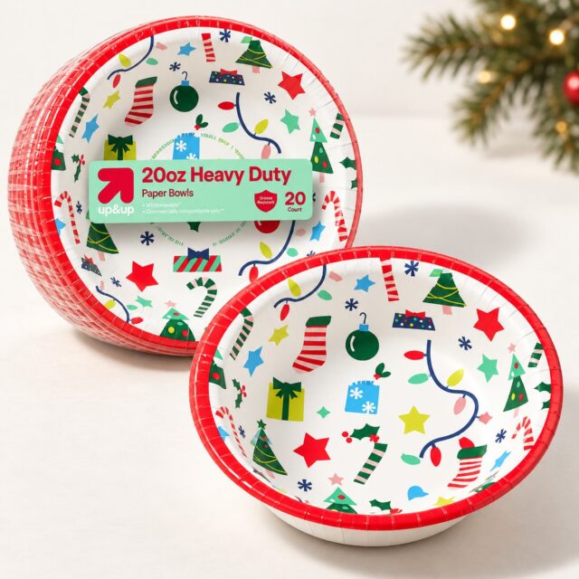 Tazones desechables navideños de papel de 20 oz heavy duty, paquete de 20 unidades con estampado multicolor y borde rojo, marca up&up, para servir postres y bocadillos en reuniones familiares, foto 1 de 3