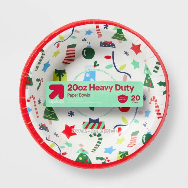 Tazones desechables navideños de papel de 20 oz heavy duty, paquete de 20 unidades con estampado multicolor y borde rojo, marca up&up, para servir postres y bocadillos en reuniones familiares, foto 2 de 3