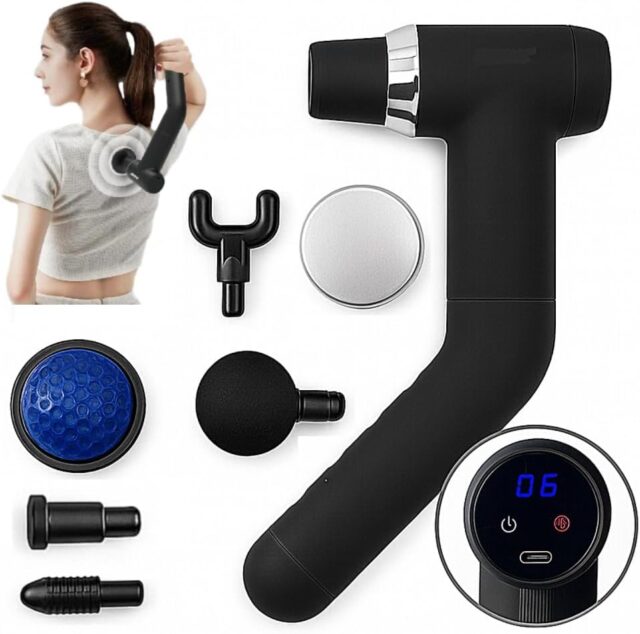 Pistola de masaje de tejido profundo con batería recargable de 1800 mAh, 6 cabezales intercambiables, 6 niveles de velocidad, compresa caliente y fría, carga USB-C, para espalda, cuello y piernas, foto 1 de 6