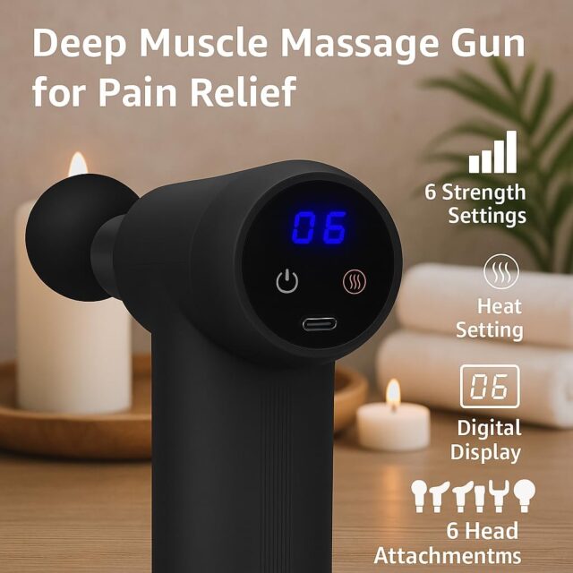 Pistola de masaje de tejido profundo con batería recargable de 1800 mAh, 6 cabezales intercambiables, 6 niveles de velocidad, compresa caliente y fría, carga USB-C, para espalda, cuello y piernas, foto 6 de 6
