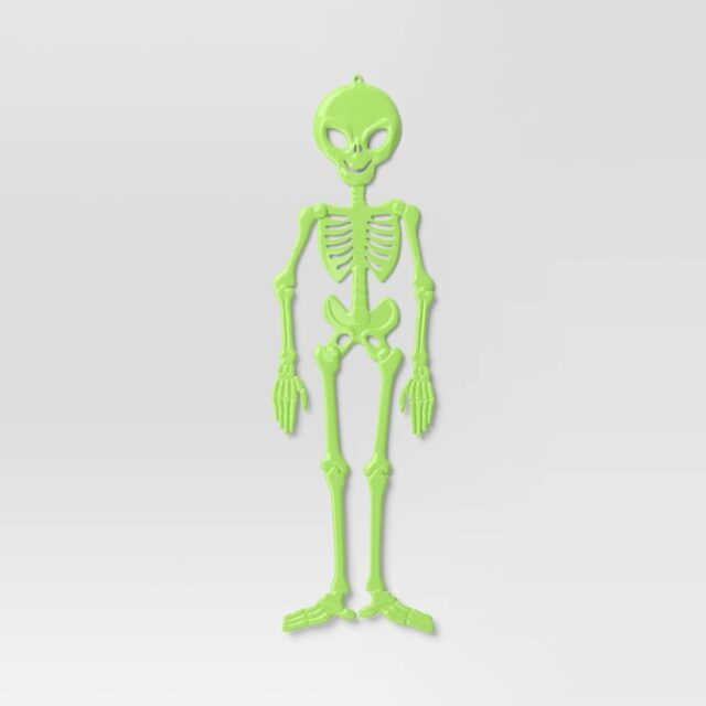 Esqueleto alienígena articulado 3D de 60 pulgadas para decoración de Halloween, color verde fluorescente, material polipropileno, foto 3 de 3