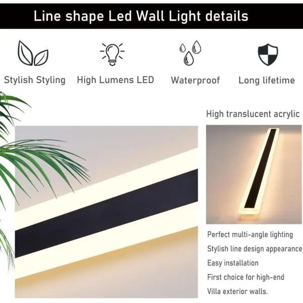 Juego de 2 lámparas LED de pared para exteriores de 47.2 pulgadas de largo, 38 W, impermeable, IP65, blanco cálido, 110 V, lámpara de pared rectangular negra, elegante acrílico esmerilado Lexier