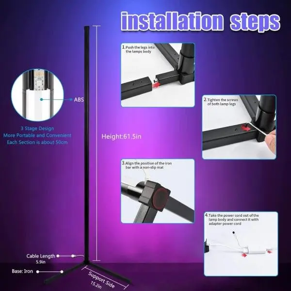 Afirst Lámpara de pie de esquina RGB, lámpara de pie LED RGB de 61 pulgadas, lámpara alta que cambia de color, iluminación de estado de ánimo, luz LED regulable