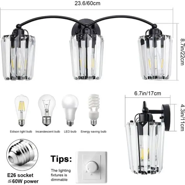 Aipsun Lámparas de tocador de cristal modernas para baño, luces negras de tocador para baño, base E26 (no incluye bombilla)