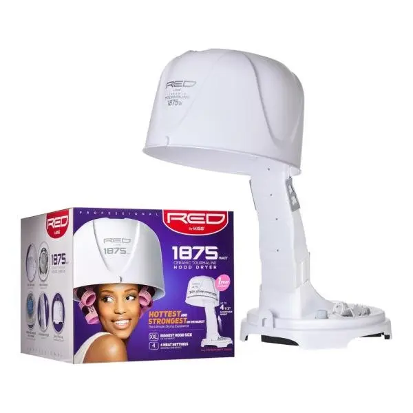 RED By KISS - Secador de campana profesional de turmalina de cerámica de 1875 W, 4 ajustes de calor para el hogar y el salón, altura ajustable, conveniente secador de pelo con capucha