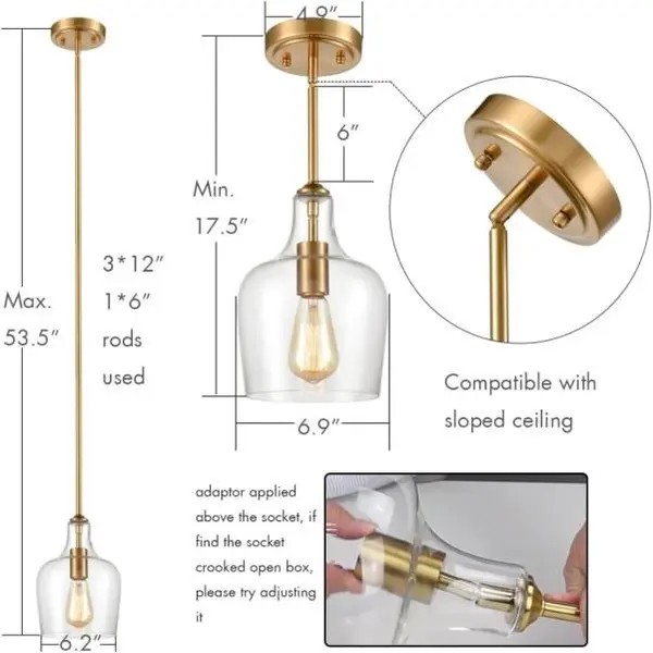 JEENKAE - Lámpara colgante de latón moderna para cocina, de cristal, color dorado