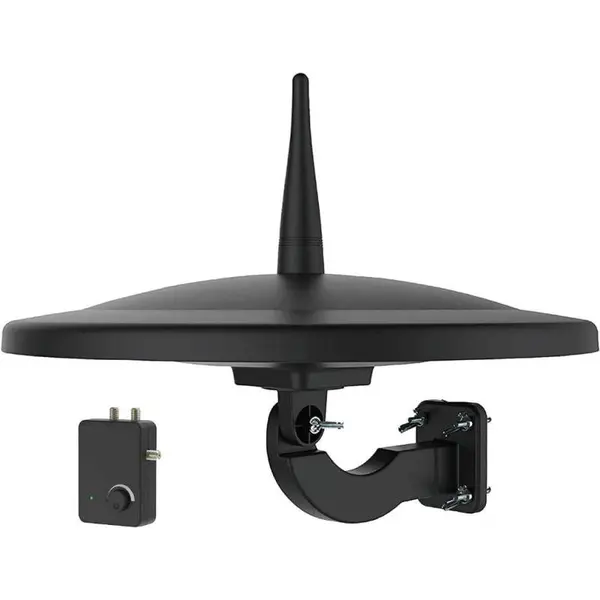 1byone antena de TV exterior, recepción omnidireccional 720°, VHF/UHF, largo alcance, compatible con 2 TVs 4K/1080P, amplificada, ideal para techo o caravana