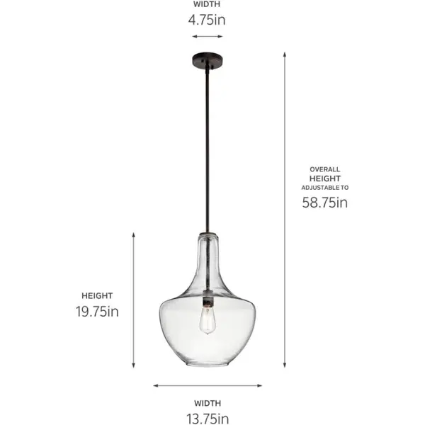 Kichler Everly - Lámpara colgante de campana de cocina, 1 luz colgante de cristal transparente, (50 cm alto x 35 cm ancho) diseño versátil, encaja bien con variedad de estilos y decoraciones