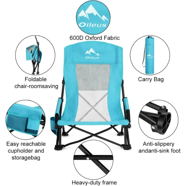 Oileus Silla de playa portátil plegable, ligera, respaldo alto, asiento bajo para tienda de campaña, refugio y campamento, respaldo de malla completa, soporte para tazas, bolsa para transporte.