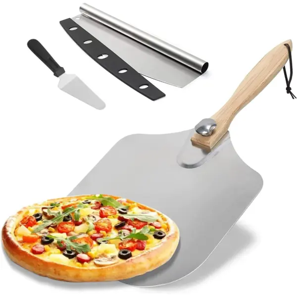 Pala de pizza de 12 x 14 pulgadas, pala de pizza de metal de aluminio, espátula para pizza con mango de madera plegable, fácil almacenamiento, espátula para pizza, accesorios para horno de pizza
