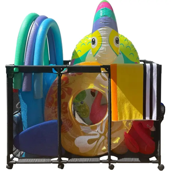 Organizador de almacenamiento de flotador de piscina para fideos de piscina, flotadores, toallas inflables, contenedor de almacenamiento de juguetes, XXL, metal negro HDuty