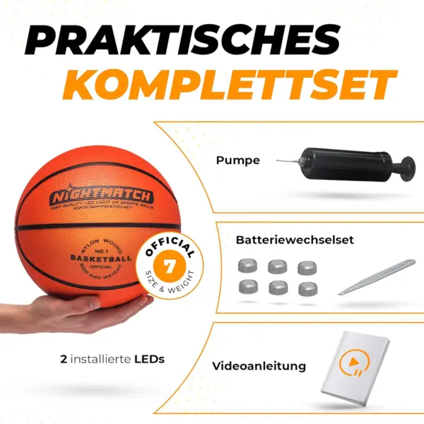 Balón de baloncesto NIGHTMATCH ? LED tamaño 7, brilla en la oscuridad, incluye bomba y baterías extra. Resistente al agua y de alta luminosidad.?