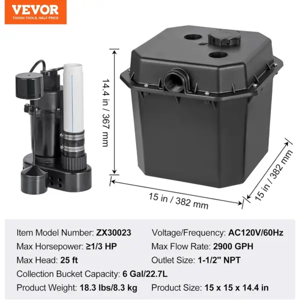 VEVOR Bomba sumergible 1HP, caudal 3700 GPH, motor de cobre, altura máx 36 pies, interruptor flotador, carcasa acero inoxidable, ideal para inundaciones, sótanos, piscinas y pozos.