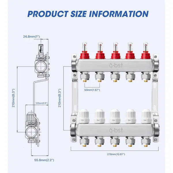 ABST PEX - Colector de calor de acero inoxidable de 5 ramas con adaptadores de 1/2 pulgada incluidos para calefacción radiante hidrónico