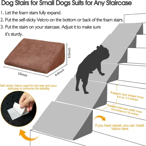 Rampa para perros de espuma de densidad 40D para perros pequeños, gatos, escaleras para mascotas con parte inferior antideslizante y almohadillas autoadhesivas para fijar (paquete de 6, marrón rojizo)
