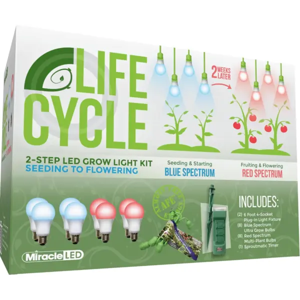 Miracle LED Plant Life Cycle - Kit de luces de cultivo sincronizadas con 8 bombillas de espectro azul y 8 bombillas de espectro rojo multi planta y controles de temporizador Sproutmatic