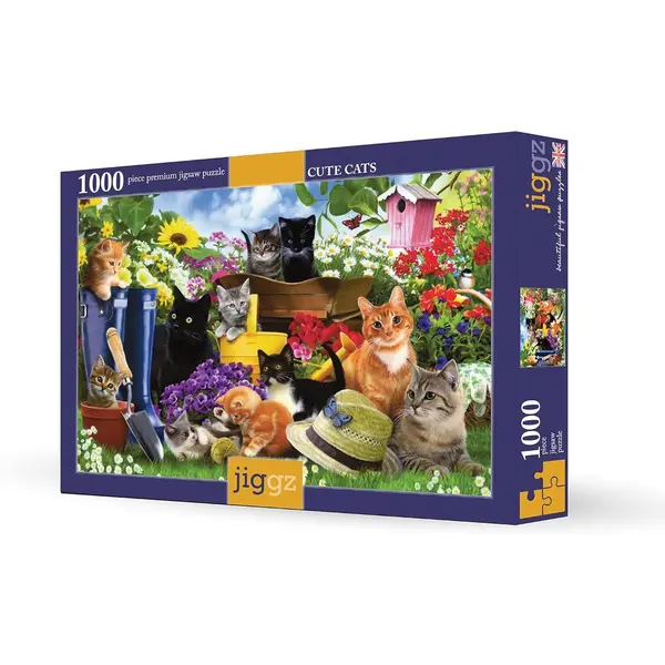 Jiggz Cute Cats Rompecabezas 1000 piezas con diseño de gatitos y jardín colorido. Piezas únicas de alta calidad, ideal para entretenimiento familiar y adultos amantes de los puzzles.
