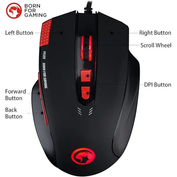 MARVO Ratón Gamer Ergonomico ? Ratón para PC con cable, 3200 DPI, 7 luces LED, 8 botones, diseño ergonómico y DPI ajustable.