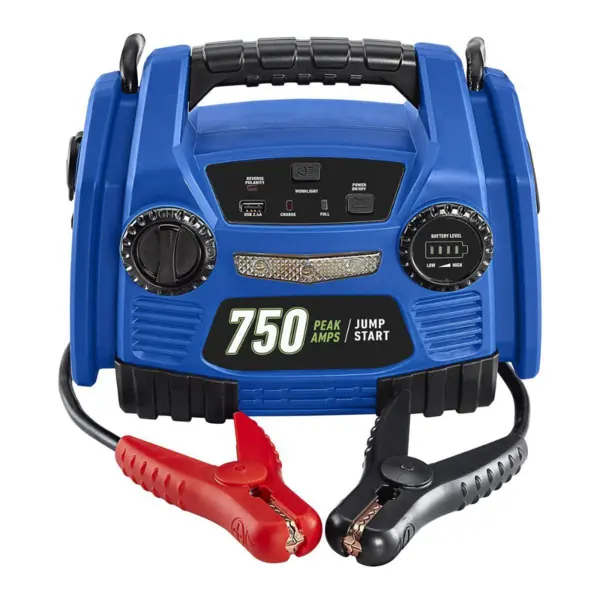 Arrancador portátil CEN-TECH 750?A, compacto y ligero, para autos de 4 cilindros. Incluye luz LED, salida USB y protección de polaridad, confiable y fácil de usar.