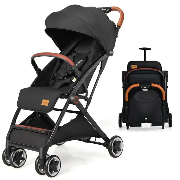 Cochecito compacto INFANS. Chasis de aluminio de 14.4 lb (6.5 kg), pliegue a una mano de 23.6x20.5x9.8 in (59.9x52x24.8 cm). Soporta 33 lb (14.9 kg).