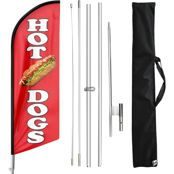 Bandera de Swooper de Hot Dogs, banderas de plumas y poste de perros calientes, kit de poste de bandera de Swooper con estaca de tierra, letrero de pluma publicitaria para perros calientes de negocios