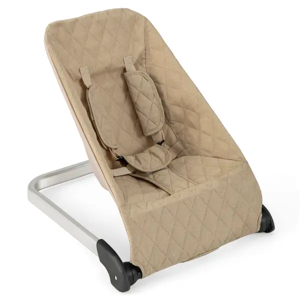 Costway hamaca mecedora para bebé color beige, con estructura de aluminio/metal, asiento acolchado y arnés. Ideal para descanso seguro.