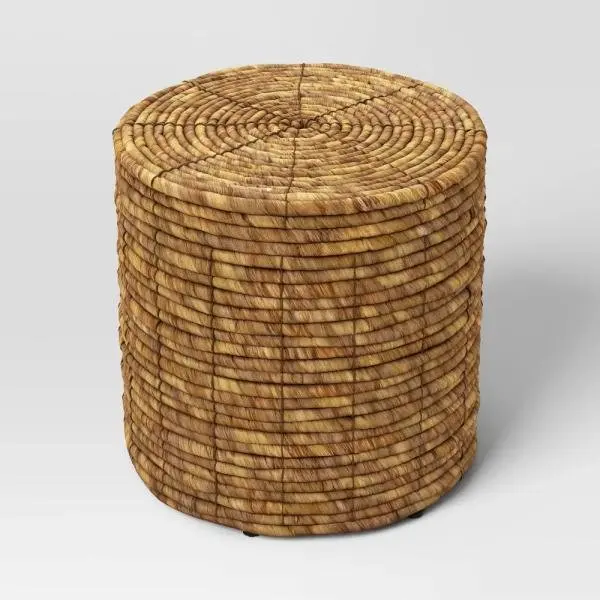 Otomana de almacenamiento tejida redonda, con estructura metálica, tono natural, para hogar y dormitorio