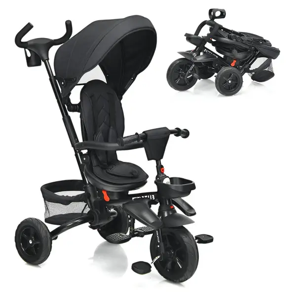 Triciclo para bebé multifuncional 7 en 1, asiento giratorio 360°, plegable, con toldo ajustable, seguridad máxima, para niños de 12 a 50 meses