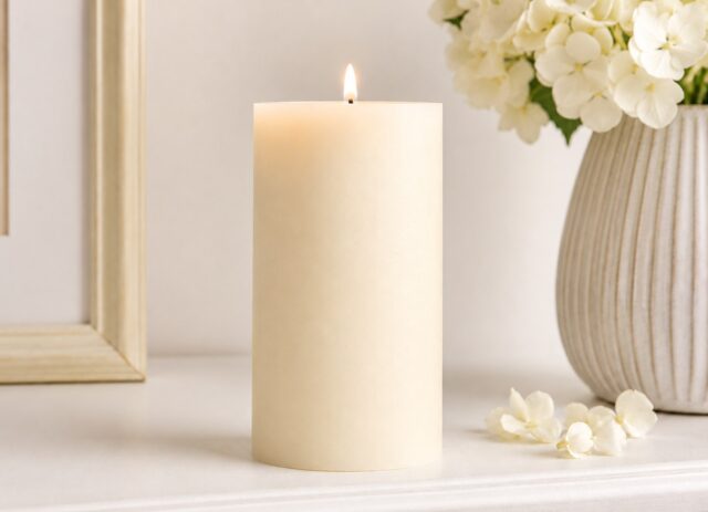 Vela cilíndrica Threshold color blanco sólido con aroma a algodón Soft Cotton, medidas de 7 x 4 pulgadas, duración aproximada de 35 a 100 horas, ideal para decorar espacios cálidos del hogar, foto 1 de 3