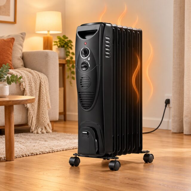 Calefactor eléctrico radiante RWFLAME de 1500 vatios con termostato y tres niveles de calor, portátil con ruedas, asa integrada y apagado por sobrecalentamiento y vuelco, para interiores, foto 1 de 7
