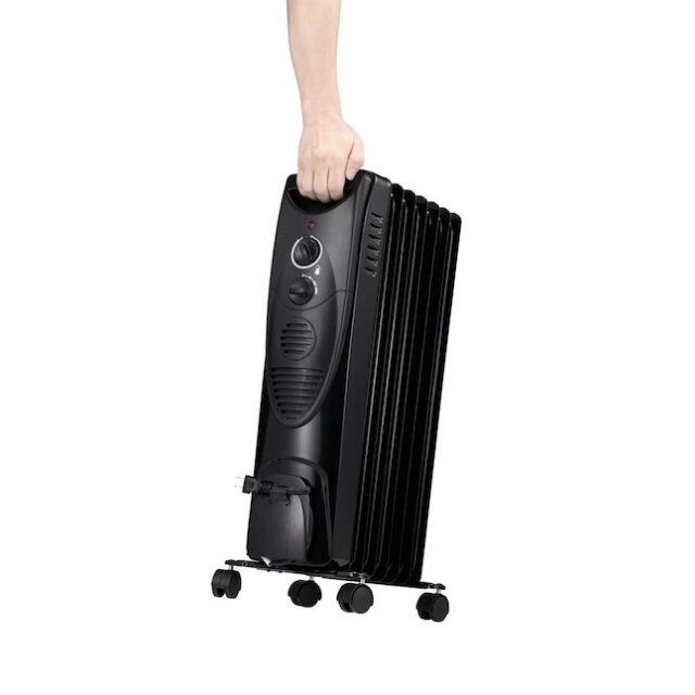 Calefactor eléctrico radiante RWFLAME de 1500 vatios con termostato y tres niveles de calor, portátil con ruedas, asa integrada y apagado por sobrecalentamiento y vuelco, para interiores, foto 2 de 7