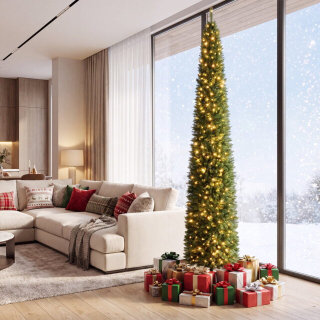 Árbol de Navidad tipo lápiz preiluminado de 8 pies con 300 luces LED blancas cálidas, puntas de PVC en capas, soporte metálico plegable y marco de 3 secciones, ideal para esquinas y espacios chicos, foto 1 de 5