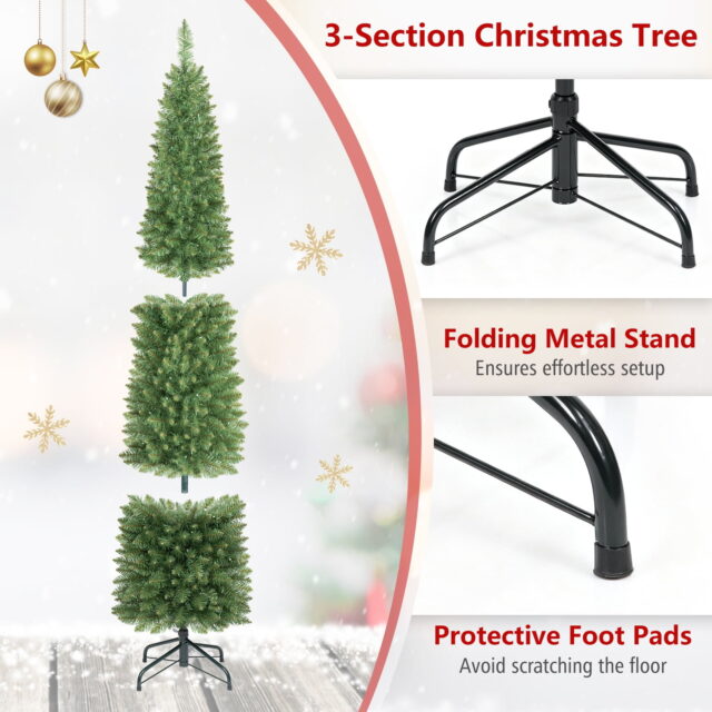 Árbol de Navidad tipo lápiz preiluminado de 8 pies con 300 luces LED blancas cálidas, puntas de PVC en capas, soporte metálico plegable y marco de 3 secciones, ideal para esquinas y espacios chicos, foto 2 de 5