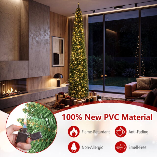 Árbol de Navidad tipo lápiz preiluminado de 8 pies con 300 luces LED blancas cálidas, puntas de PVC en capas, soporte metálico plegable y marco de 3 secciones, ideal para esquinas y espacios chicos, foto 3 de 5