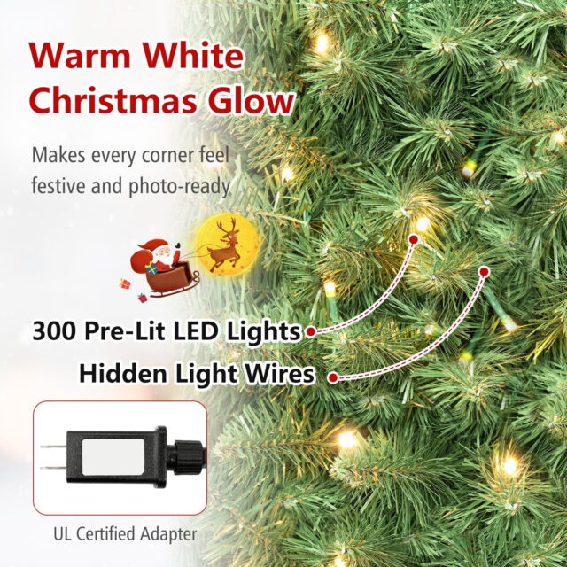 Árbol de Navidad tipo lápiz preiluminado de 8 pies con 300 luces LED blancas cálidas, puntas de PVC en capas, soporte metálico plegable y marco de 3 secciones, ideal para esquinas y espacios chicos, foto 4 de 5