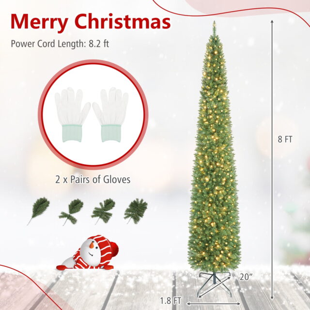 Árbol de Navidad tipo lápiz preiluminado de 8 pies con 300 luces LED blancas cálidas, puntas de PVC en capas, soporte metálico plegable y marco de 3 secciones, ideal para esquinas y espacios chicos, foto 5 de 5