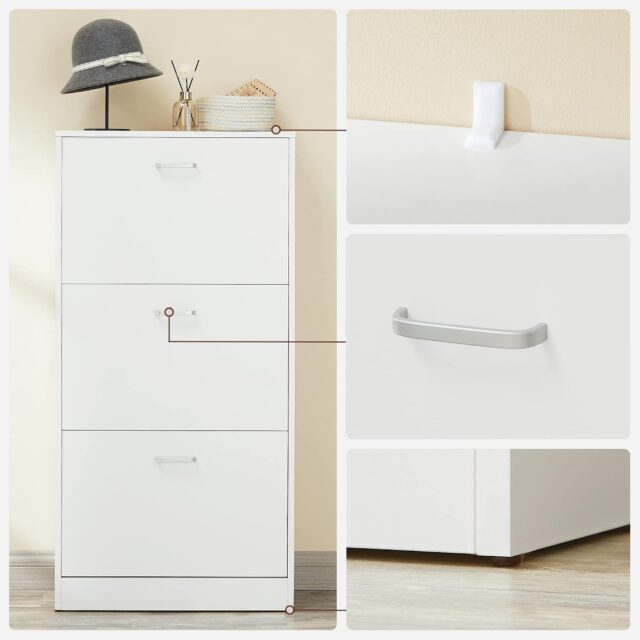 Zapatero entrada recibidor blanco 3 puertas abatibles, 60 x 24 x 116 cm, madera ingeniería, organizador zapatos moderno con panel trasero protector, foto 2 de 4