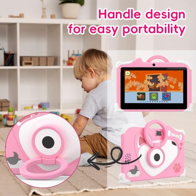 Tablet infantil Haidko D12 de 7 pulgadas con pantalla IPS, 8GB RAM y 128GB de almacenamiento, Android 14, cámaras frontal y trasera, funda antigolpes azul, para niños que estudian y juegan, foto 2 de 6