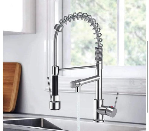 Grifo de cocina con rociador de acero inoxidable cepillado, dos modos de pulverización con chorro aireado y spray de preenjuague, altura de 16 pulgadas (40,6 cm) y líneas de agua de 27,5 pulgadas, foto 1 de 5