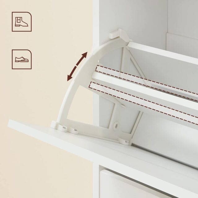 Zapatero entrada recibidor blanco 3 puertas abatibles, 60 x 24 x 116 cm, madera ingeniería, organizador zapatos moderno con panel trasero protector, foto 3 de 4